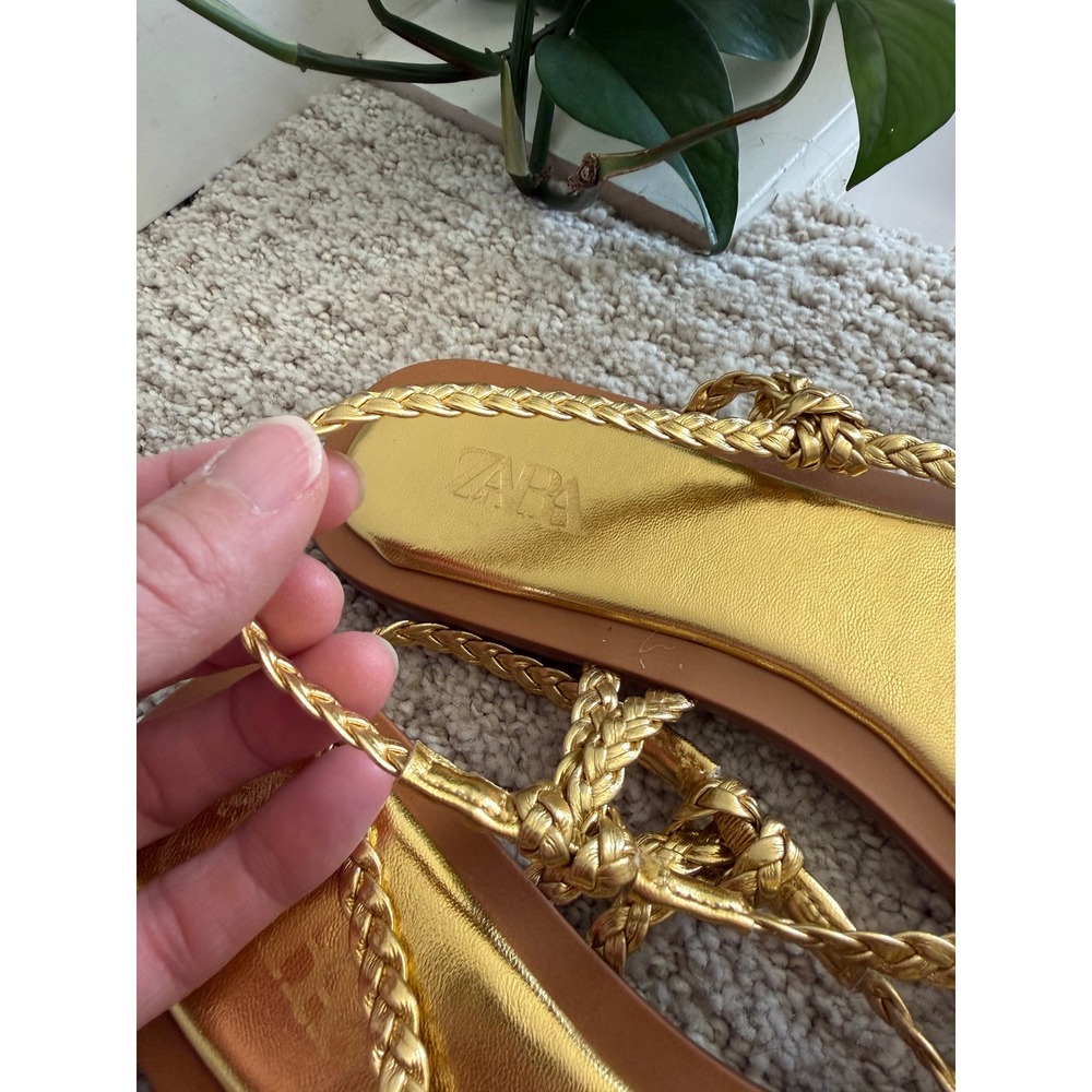 NEW Zara Braided Flat Sandals 40 Gold Metallic Square Toe Strappy Knotted Chic 9 - Picture 4 of 8